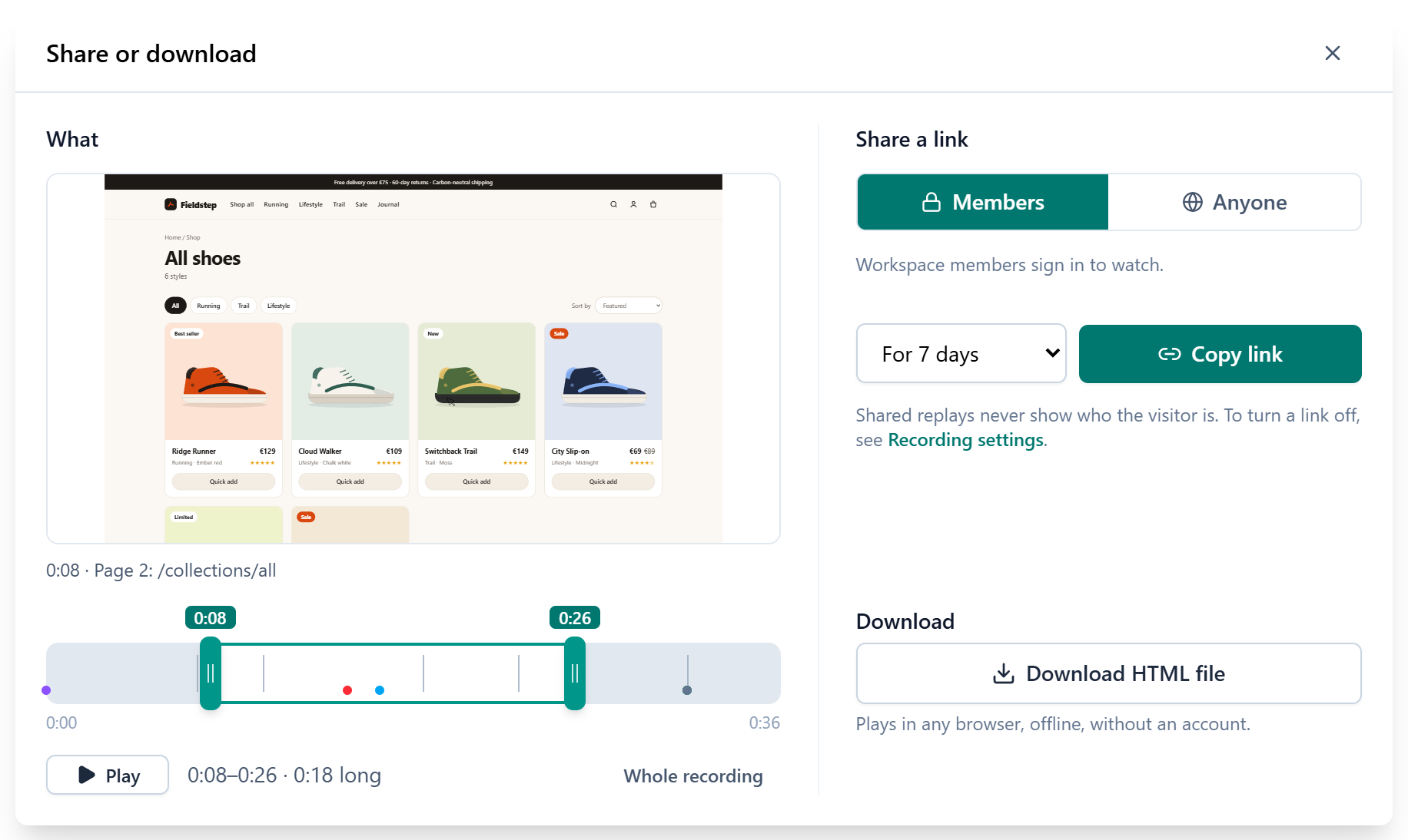 Sharing a part of a recording: picking the moment on the timeline, and who can open the link